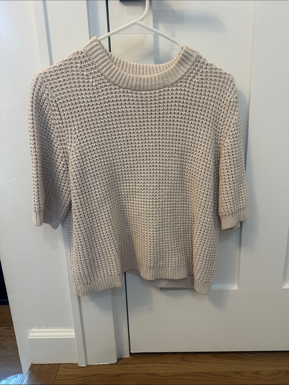 French Connection Cream Waffle-Knit Short Sleeve Crew Sweater